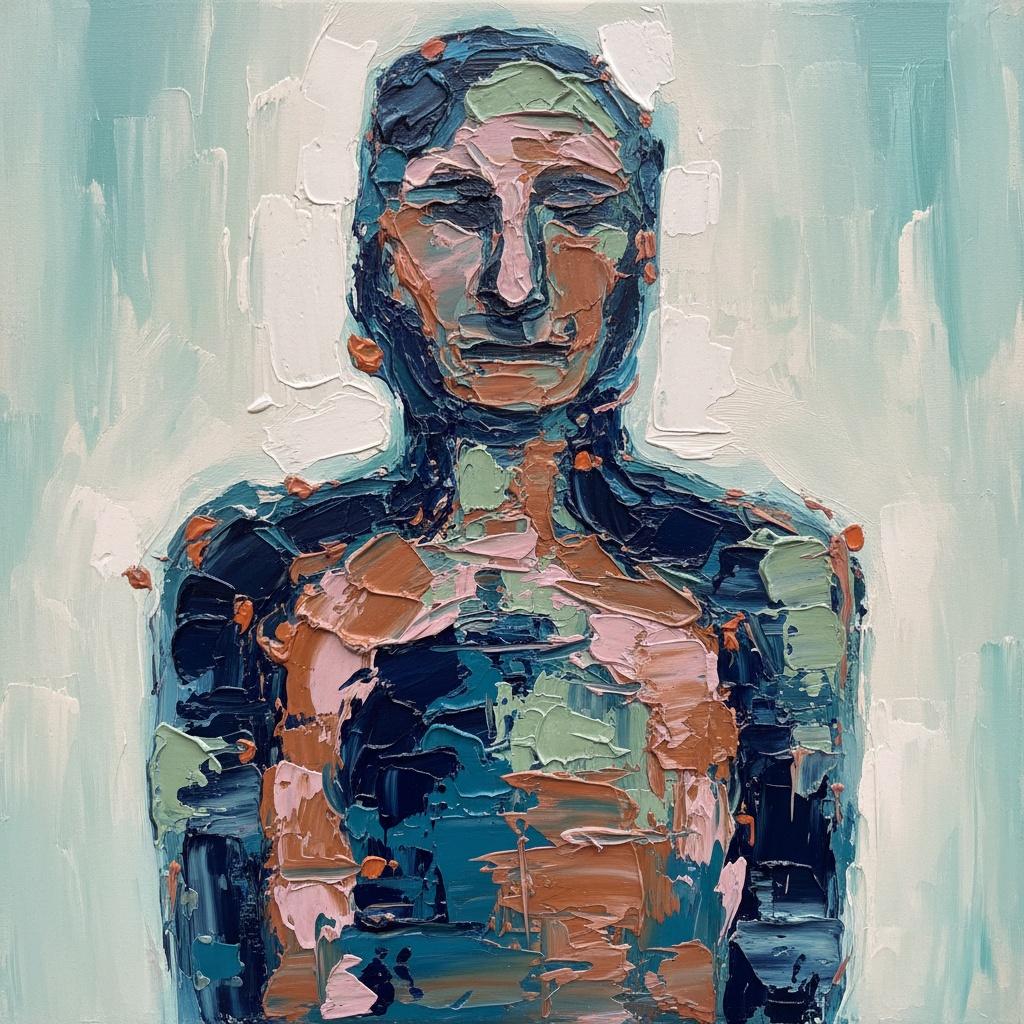 Fragmented Soul In Deep Teal And Ochre: A Monumental Impasto Study — Christian Noiret