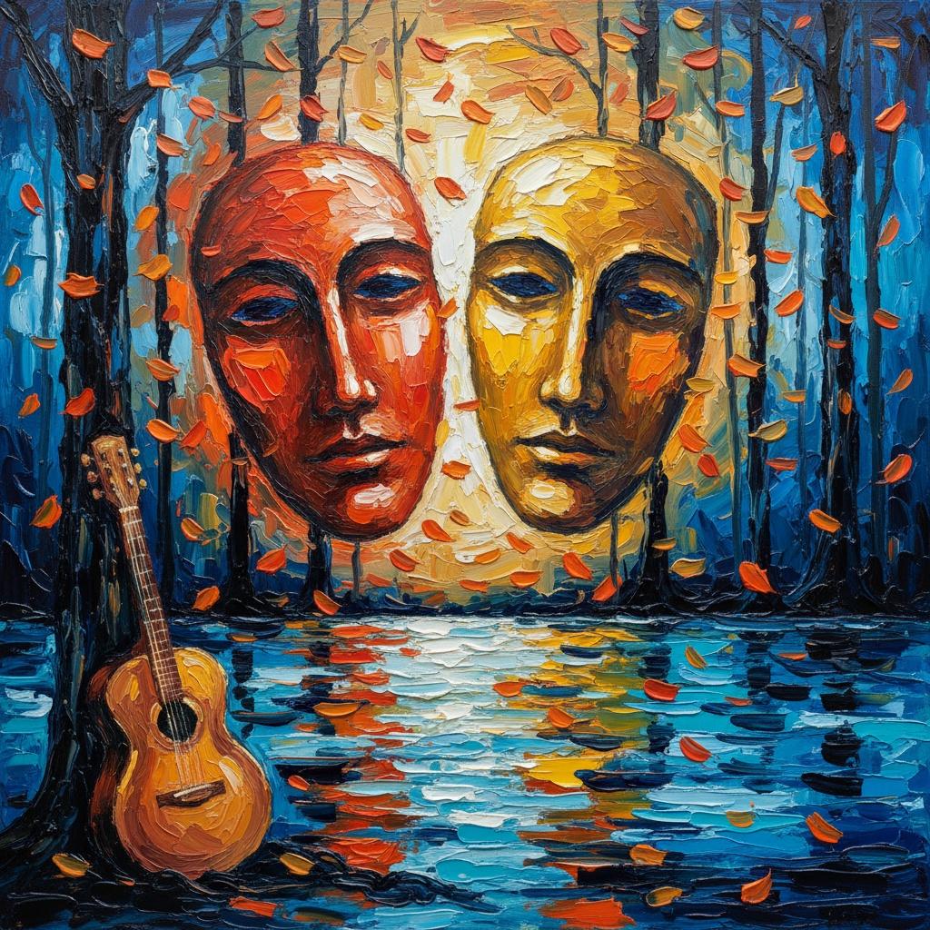 Echoes Of The Silent Strings Amidst Floating Golden Visages And Midnight Shadows — Christian Noiret