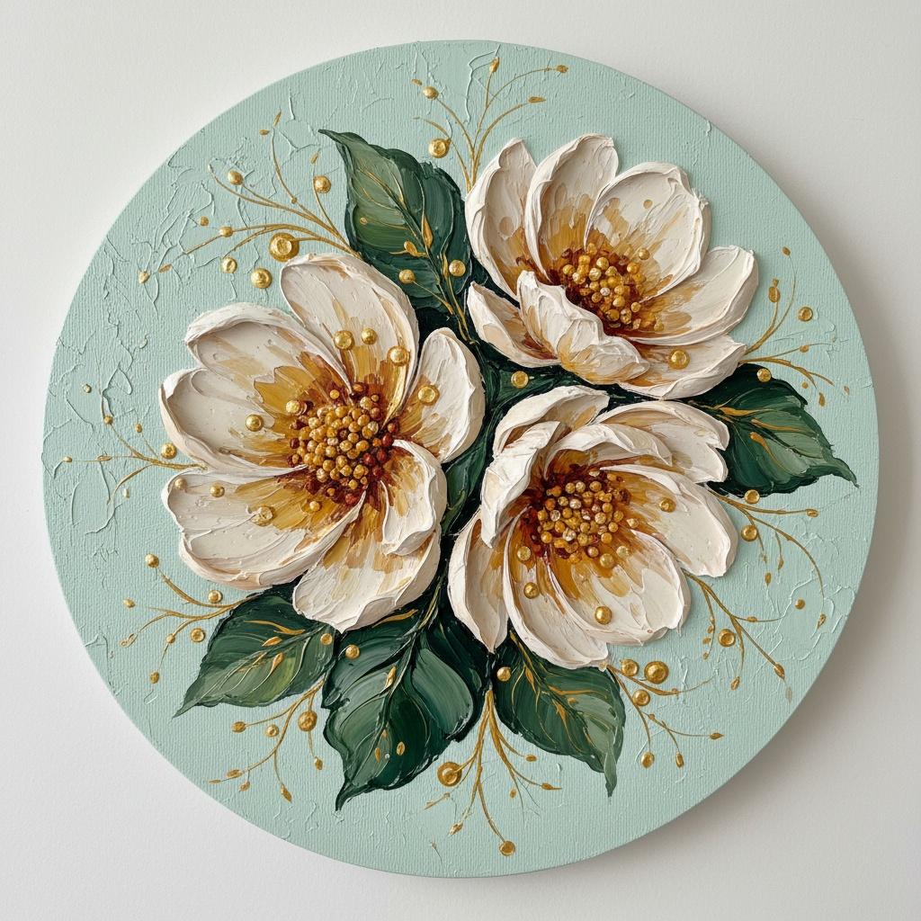 Ефирно Цъфтяща Магнолия В Скулптурен Импасто С Лъчезарни Позлатени Нишки И Ментова Спокойствие — David Moreau