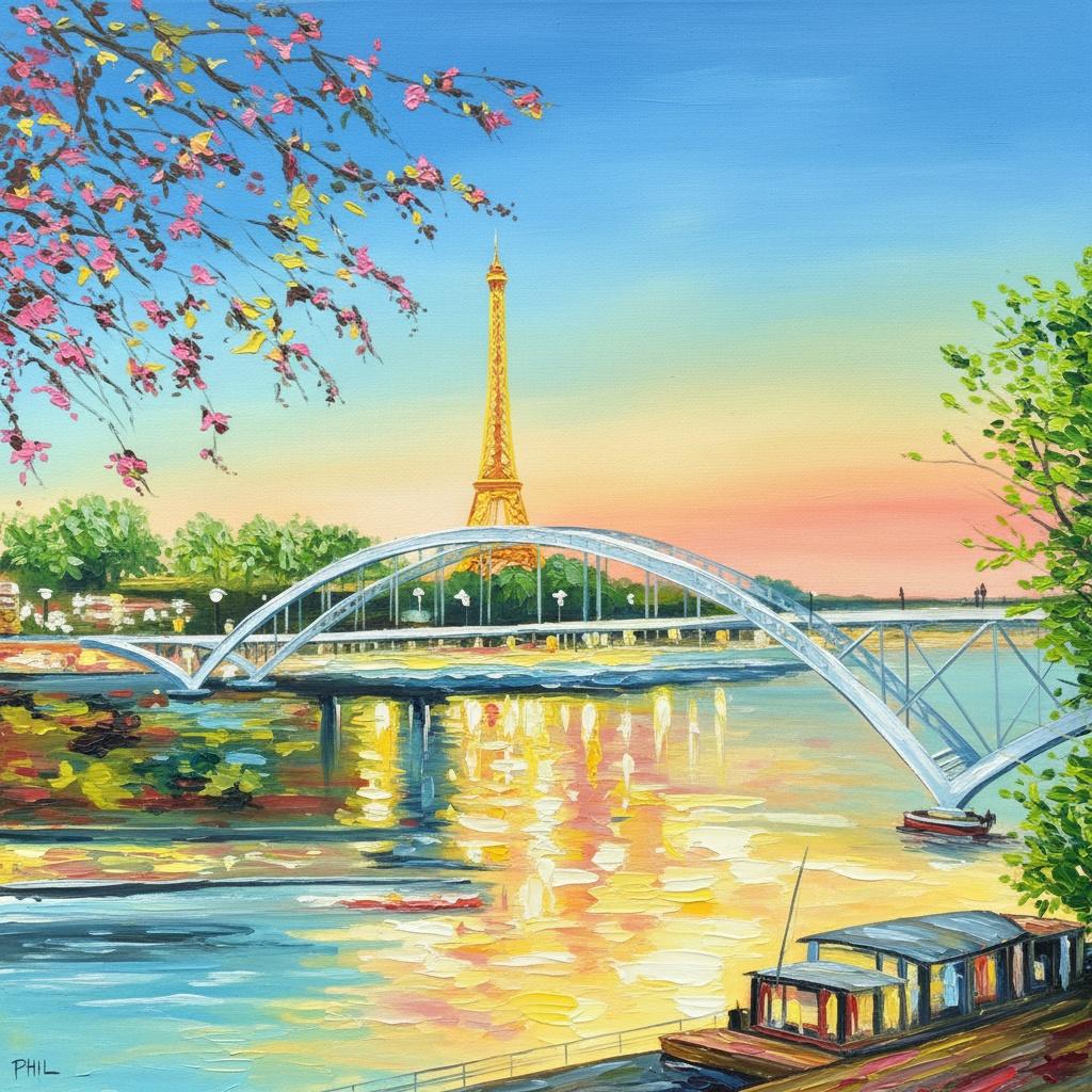 Golden Hour Serenity: An Impasto Vision Of Seine Blossoms And Parisian Light — Laurent Cartier