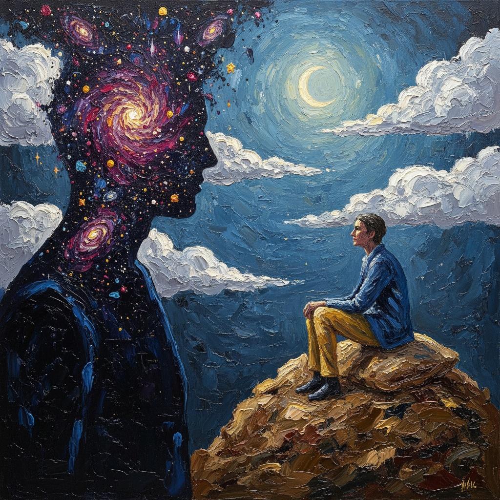 Celestial Resonance: A Solitary Figure Amidst The Swirling Majesty Of An Eternal Silhouette — Laurent Baudry