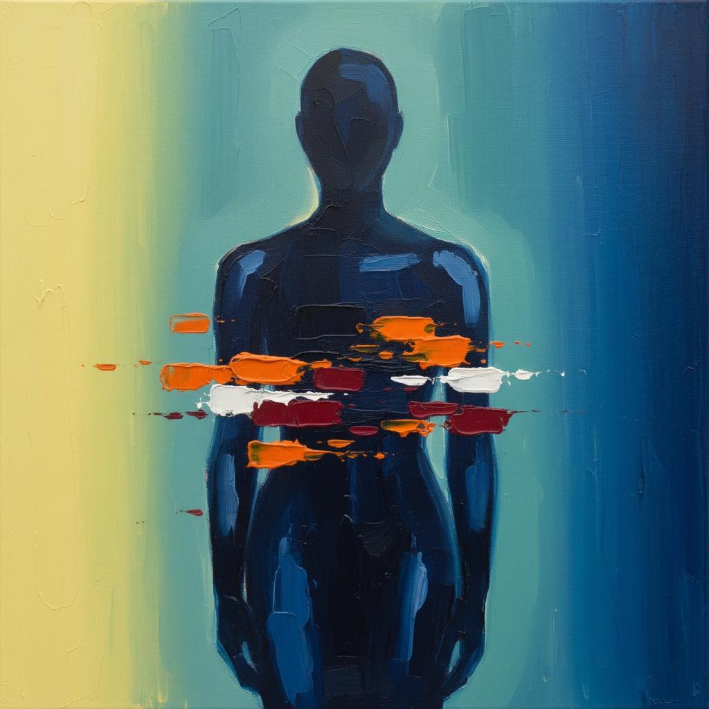 Silhouette Fragmentée En Bleu De Prusse Profond Avec Des Touches D'empâtement Cramoisi Éclatant — Laurent Fabre