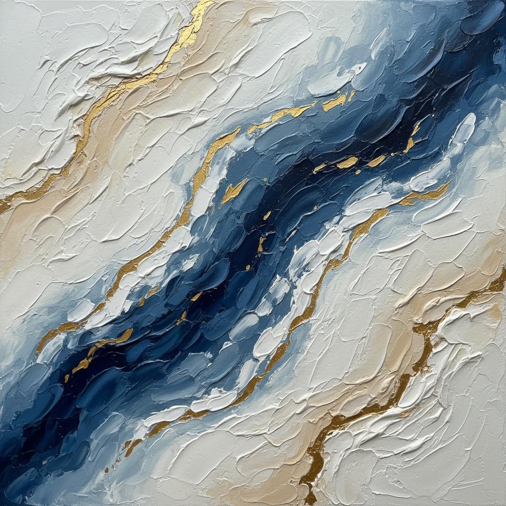 Marées Dorées D'indigo : Une Étude Monumentale De L'impasto Sculptural Et Du Mouvement Fluide — David Moreau