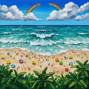 Ethereal Shoreline Symphony: A Textured Masterpiece Of Sunlit Palms And Prismatic Horizons — Christian Noiret