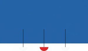 Celestial Equilibrium: A Monumental Study In Crimson Symmetry And Infinite Blue Serenity — Laurent Bernard