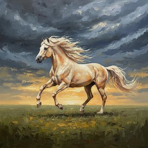 Ethereal Gallop Amidst The Golden Horizon And Turbulent Indigo Skies — Christian Noiret, Contemporary Abstract