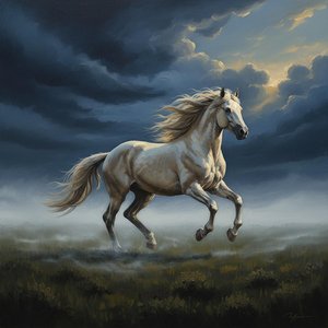 Galop Éternel Au Milieu De La Tempête Indigo Et De L'horizon Doré Lumineux