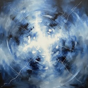 Celestial Fracture: A Radiant Vortex Of Midnight Indigo And Electric White Energy — Christian Noiret, Contemporary Abstract
