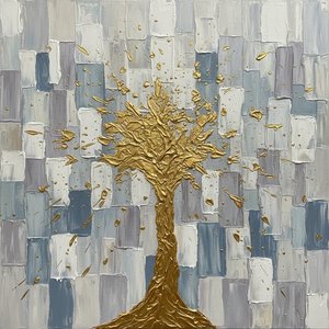 Gilded Solitude: A Monumental Golden Silhouette Amidst Muted Mosaic Fragments — David Moreau