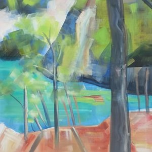 Fragmented Serenity: An Abstracted Landscape Of Teal Waters And Terracotta Earth — Marion Delorme, Hockney Figurative Pop