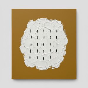 Monolithic Ochre Horizon With Sculptural White Impasto And Rhythmic Midnight Marks — David Moreau