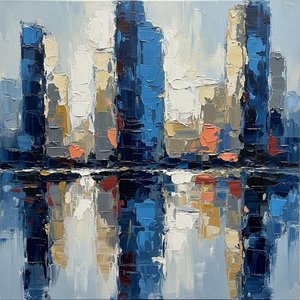 Monolithic Reflections In Blue: A Singular Study Of Urban Serenity And Impasto Light — Christian Noiret