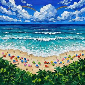 Azure Serenity: A Sculptural Impasto Study Of Sunlit Shores And Tropical Rhythms — Christian Noiret