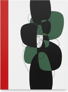 Monolithic Crimson Edge Amidst Overlapping Shadows Of Verdant Organic Forms — Laurent Fabre