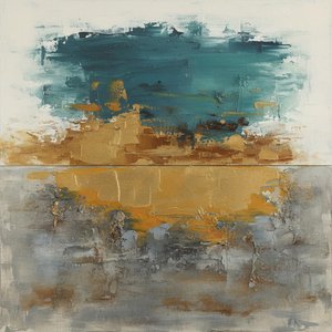 Luminous Ochre Horizon Amidst Textured Teal And Deep Umber Abstraction — Laurent Fabre