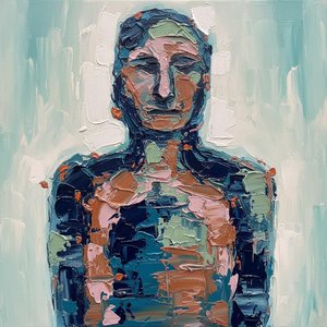 Fragmented Soul In Deep Teal And Ochre: A Monumental Impasto Study — Christian Noiret