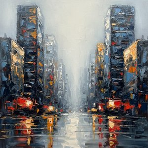 Échos Monolithiques D'un Canyon Urbain En Impasto Cramoisi Et Bleu Ardoise — Christian Noiret