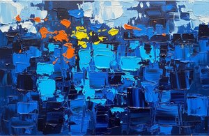 Monolithische Horizonte Von Cerulean Tiefe Und Strahlendem Bernstein-impasto-relief — Christian Noiret
