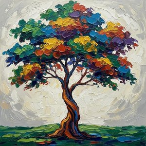 Eternal Radiance: A Monumental Impasto Study Of The Prismatic Solitary Tree — Christian Noiret