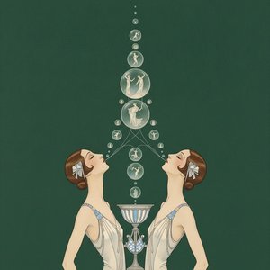 Ascending Orbs And Mirrored Figures In Forest Green — Valentin Laurent De Courcey