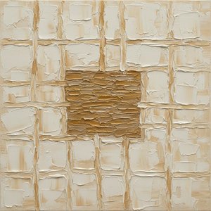 Grilaj Monolitic Ocre: Un Studiu Meditativ De Impasto Sculptural Și Geometrie Organică