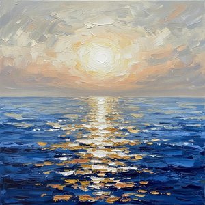 Celestial Radiance Over Deep Indigo Tides: A Meditative Impasto Masterpiece — Christian Noiret