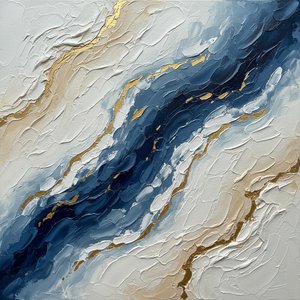 Gilded Tides Of Indigo: A Monumental Study In Sculptural Impasto And Fluid Motion — David Moreau