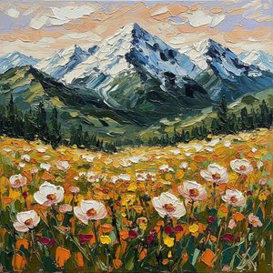 Ethereal Alpine Bloom: A Sculptural Study Of Mountain Peaks And Wildflower Radiance — Christian Noiret, Contemporary Abstract