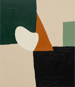 Monolithic Fragments In Ochre And Forest Green: A Singular Abstract Composition — Laurent Fabre