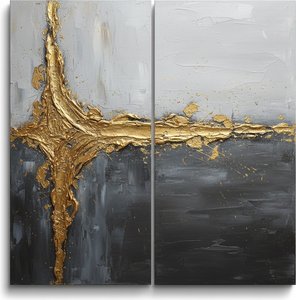 Golden Fracture In Monochrome: A Monumental Diptych Of Spontaneous Gilded Texture — Laurent Fabre