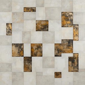 Fragmentierte Echos Von Ocker Und Gold In Einem Monumentalen Geometrischen Triptychon — Laurent Fabre