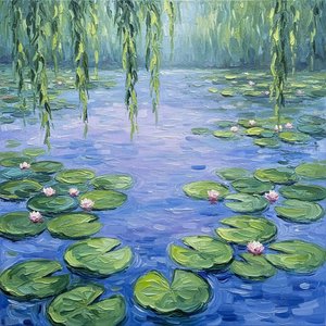 Reflexos Serenos De Salgueiro E Lírio Em Uma Obra-prima Impasto Azul Meditativa