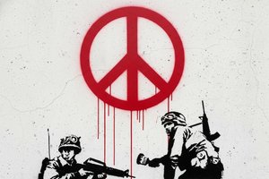 Crimson Echoes Of Conflict: A Monumental Stencil Of Silent Confrontation And Peace — Gabriel Lefèvre