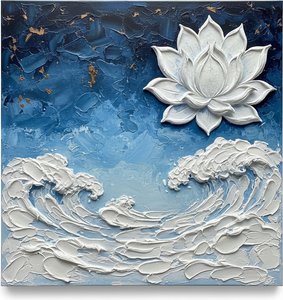 Celestial Lotus Amidst Midnight Indigo Waves With Gilded Impasto Textures — David Moreau