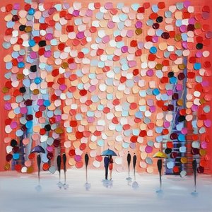 Ephemeral Rainfall Of Coral Petals Over Silent Architectural Shadows In Indigo — Christian Noiret