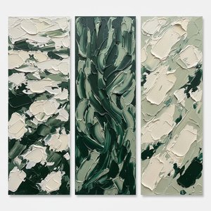 Ethereal Currents In Forest Green: A Monumental Triptych Of Organic Impasto Motion — Laurent Fabre