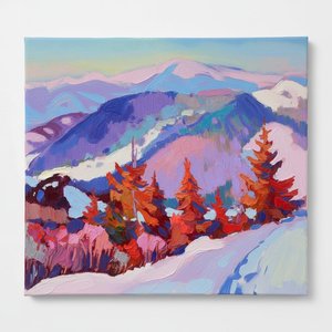 Ätherische alpine Dämmerung: Eine monumentale Impasto-Studie von feurigen Kiefern und indigo blauen Gipfeln
