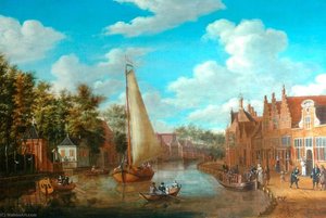 Dutch Canal Scene With Rigged Sailing Vessels And Figures Among The Terraced Houses Of Holland