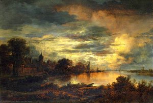 A Village By A River In Moonlight — Aert Van Der Neer
