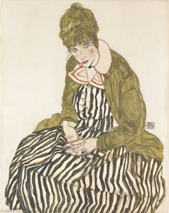Edith With Striped Dress, Sitting — Egon Schiele
