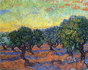 Olive Grove - Orange Sky: Een Prachtige Weergave Van Een Olijfboomgaard Met Bomen Voorgrond En Achtergrond, Tegen Een Levendige Oranje Hemel. Het Schilderij Meet 93 X 74 Cm En Werd Gemaakt Met Olie Op Doek, Een Medium Dat Van Gogh Vaak Gebruikte Om Rijke — Vincent Willem Van Gogh