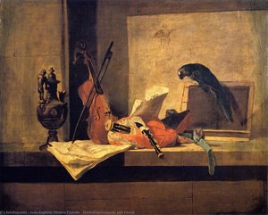 Musical Instruments And Parrot — Jean-siméon Chardin