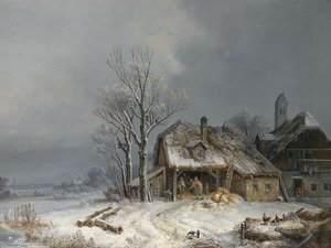 Winterliches Dorf. In Der Scheune Wird Getreide Gedroschen