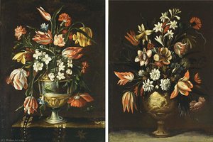 A Still Life With Tulips, Jasmin, Carnations, Auricula And Other Flowers In A Silver Gilt Vase On A Draped Table — Mario Dei Fiori