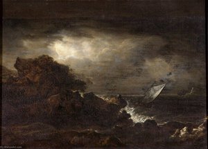 Seascape With A Rocky Coast And A Lighthouse — Benjamin Barker Ii