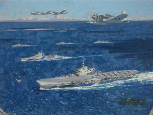 War In Pictures An Aircraft Carrier, A Cruiser And Three Destroyers — Norman Vilkinson