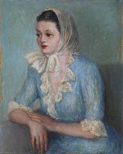 Lady In A Blue Dress With White Headscarf — Georges Van Houten