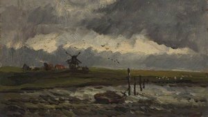 River with Windmill, Stormy Sky