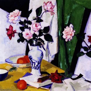 Still LIfe with Pink and Red Roses in a Chinese Vase