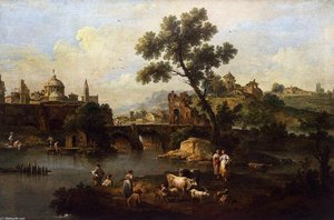 Landscape With River And Bridge — Giuseppe Zais